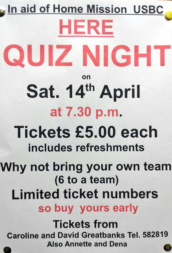 USBC_Crewe's tweet photo. All are welcome to join us for our Home Mission Quiz evening this Saturday (14 April) at 7.30pm. Doors open at 7pm. Tickets are nearly gone - buy yours now! #Crewe #quiz #USBC #Saturday #Event #April2018 #JoinUs #CreweEvent #HomeMission #Baptist #weekend #QuizNight https://t.co/y3xq25x0A2