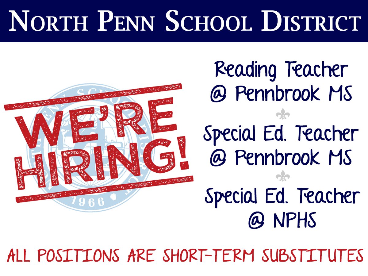 NPSD is hiring! Please follow the respective links below for more information and to apply.
Substitute Reading Teacher @ PB: bit.ly/2qglHzE
Substitute Special Ed. Teacher @ PB: bit.ly/2H8AAOs
Substitute Special Ed. Teacher @ NPHS: bit.ly/2qhlU5X