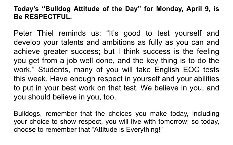DMPfannstiel's tweet photo. #AVID Monday’s #RRSCA Daily Attitude for @HumbleISD_SCHS is Be Respectful. Good luck on #STAAR #EOC tomorrow, English 1! #SCHSweareone #TheBESTistheSTANDARD https://t.co/XJzKQMtwEc