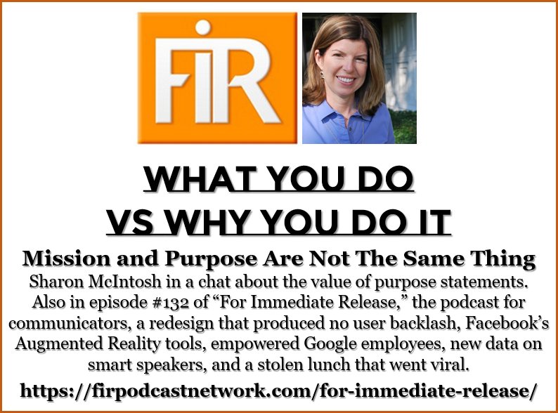 FIRpodcast's tweet photo. Episode 132 of the #FIRpodast is up, with @mcintoshs on board to talk about the difference between mission and purpose statements. Also: Reddit's redesign sat well with users, families are the biggest adopters of smart speakers, and much more. https://t.co/znnSMTew8V https://t.co/9XnmJj0IZm