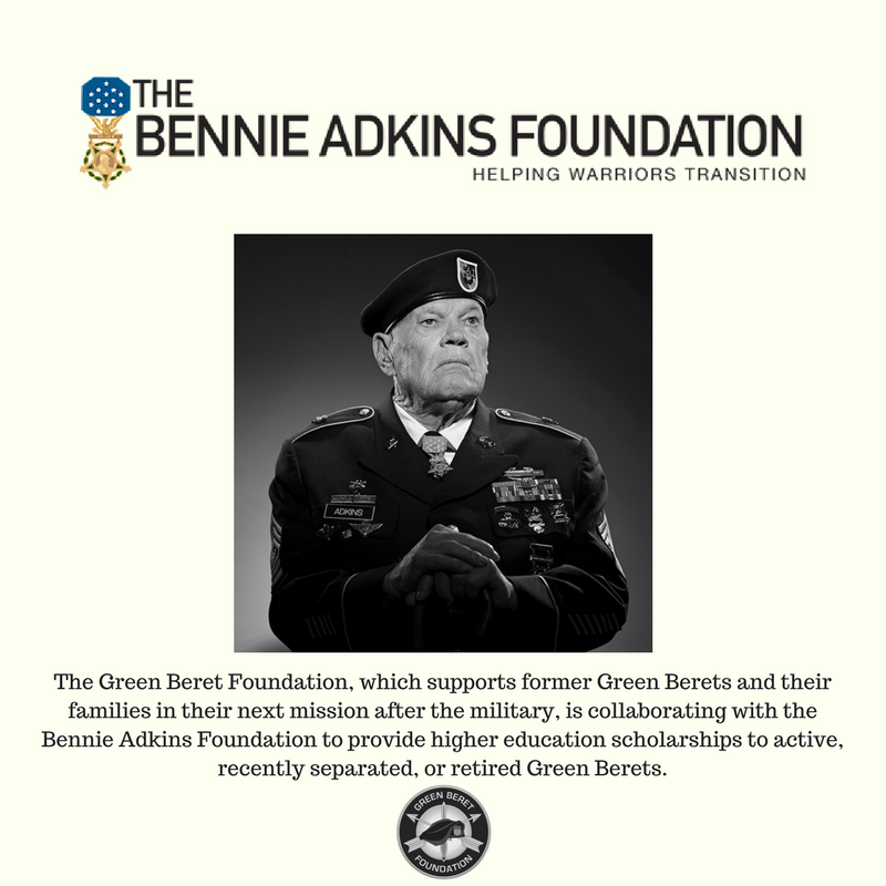 GreenBeretFound's tweet photo. The Green Beret Foundation, which supports Green Berets and their families in their next mission, is collaborating with @BennieGAdkins Foundation to provide higher education scholarships to active, recently separated, or retired Green Berets. Learn more: https://t.co/RDfoFTTmaa https://t.co/OQsop8gvJO