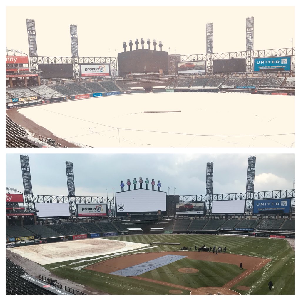 Top photo 9:03am CT, bottom photo 11:36am CT. Great work by <a href="/whitesox/">Chicago White Sox</a> grounds crew. #WhiteSox