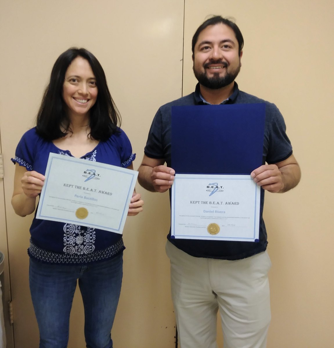 WBAMC B.E.A.T. employees Perla Bustillos and Daniel Rivera both received the "Kept the BEAT" Award on March 30, 2018, for their outstanding work on the Windows 10 migration.