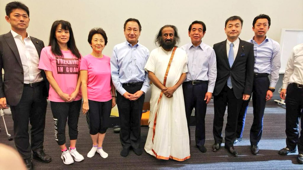 Gurudev's tweet image. Was received by the First Lady of Japan Mrs. Akie Abe, wife of H.E. Shinzo Abe the Prime Minister of Japan, at their residence. Later in the day, conducted yoga and meditation for members of the Japanese Parliament.