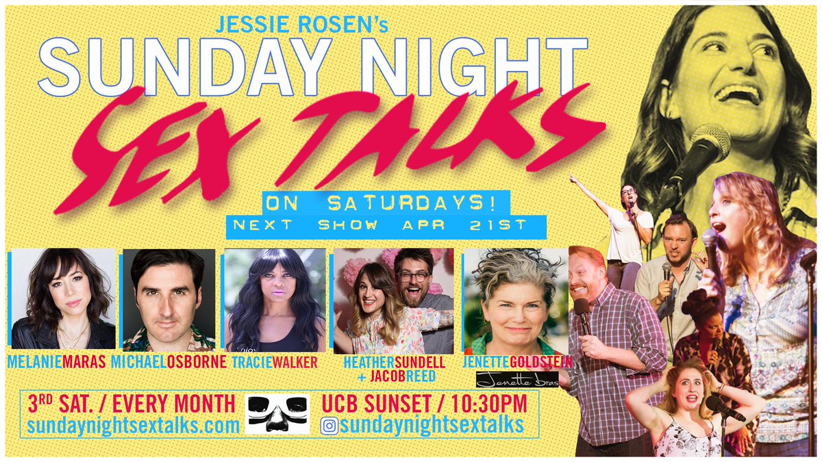 Next show is SET: 4/21 <a href="/ucbsunset/">UCB Sunset</a> w/ <a href="/TroubleJones/">Melanie Maras</a> @osborneii @traciewcomedy <a href="/MissHezah/">Heather Sundell</a> <a href="/typographynerd/">Typography Nerd</a> + <a href="/jenettebras/">jenette goldstein</a>! Tix/info: bit.ly/2v2oFNc cc/ <a href="/20Nothings/">Jessie Rosen</a>