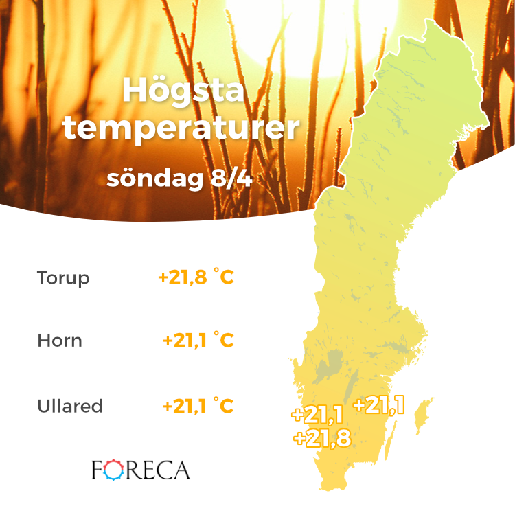 forecasverige's tweet photo. Slakt av årshögstatemperaturen igår söndag. Tidigare var 15,2 °C högst vilket vi slog med mer än 6 grader! Halländska Torup drog det längsta strået med en toppnotering på 21,8 °C! Tyvärr får vi inga nya högsta de närmaste dagarna då kyligare luft letar sig ner över landet. /Ian E https://t.co/93l4sGG5pA
