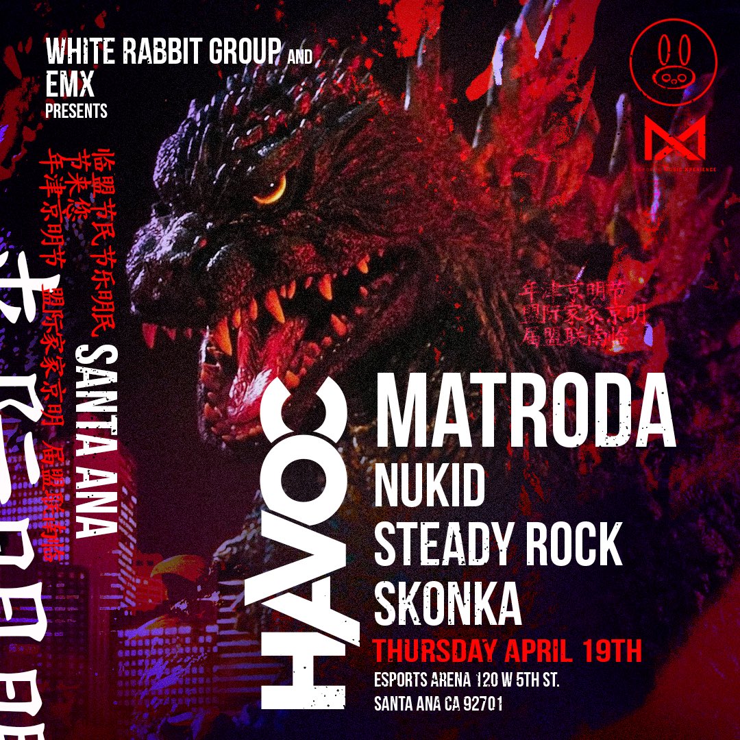 WhiteRabbitGrp's tweet photo. HAVOC presents.

@matrodamusic 
@NuKidOfficial 
@iamsteadyrock 
@skonka91
@EMX_Music 

4/19
18+

Tickets🎟
https://t.co/xVGgZIhnaj https://t.co/2ZDC6Sylti