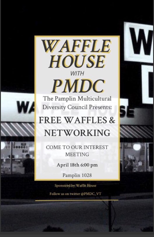 PMDC_VT's tweet photo. Who loves Waffle House? Come out to our interest meeting April 18th and get some free breakfast for dinner! Thanks to our local Blacksburg @WaffleHouse for supporting Diversity initiatives in campus and in the workplace! #VirginiaTech #waffles #Diversity https://t.co/c0Bxqxugze