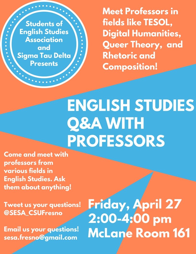 SESA_CSUFresno's tweet photo. English Studies Q&A Event https://t.co/8d5Zw1lT7u https://t.co/THuOlVIB1f
