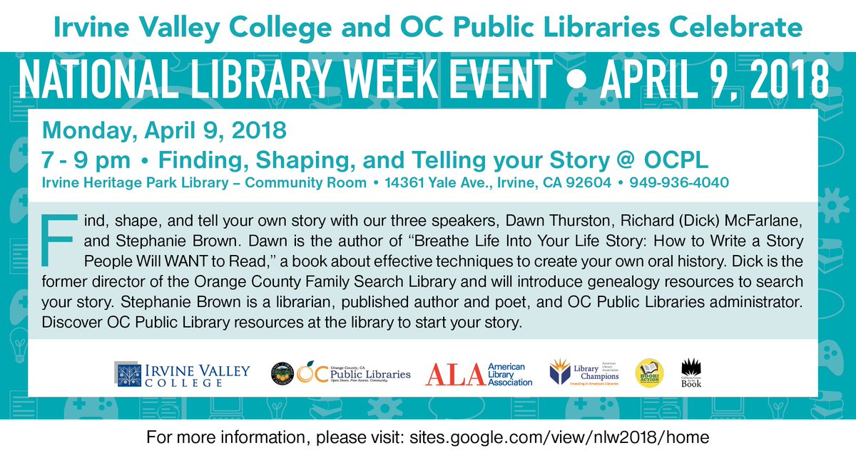 Join us tonight from 7-9pm at the Irvine Heritage Park Library  to Find, Shape, and Tell your Story. ow.ly/NzVM30jlmzs #nationallibraryweek #ilovemylibrary #proudtobeivc #library #ivclibrary @CaliforniaCenterfortheBook