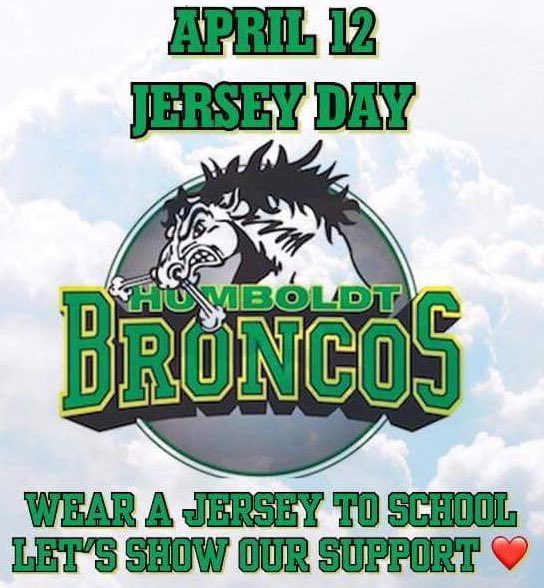 Prayers for Humboldt-we will be having a jersey day on Thursday, Apr. 12th. Any jersey/colors to show support would be great. Our school flag will also be at half-mast to show our support as a school division. #humboltstrong
