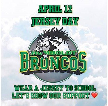 On April 12, we will be taking part in "Jersey Day" in tribute to the Humboldt Broncos hockey team.

Students are encouraged to wear their favourite jersey and bring a donation, which will go to support families of the victims.

#jerseysforhumboldt