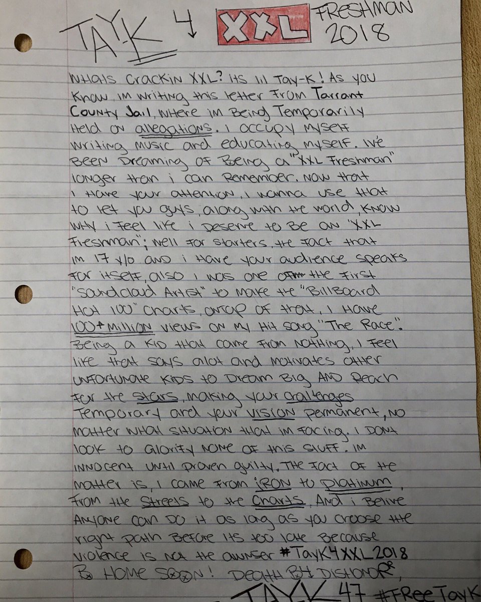 tayk's tweet photo. NO MATTER IF TAY MAKES THE LIST OR NOT HE WANTED ME TO SHARE HIS LETTER HE WROTE TO @XXL WE NEED ALL THE RUGRATS TO TAG @XXL AND TWEET #TAYK4XXL THANK YOU FOR THE SUPPORT #FREETAYK https://t.co/286eKh3as2