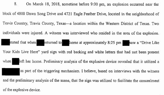 Authorities have released affidavit for #AustinBombings suspect. Police say he brought and used a 'Drive Like Your Kids Live Here' sign to conceal the trip wire explosive. All 6 devices contained shrapnel. No other suspects than Conditt:  drive.google.com/file/d/0BwY4rm…
