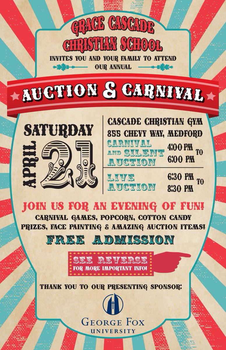 CCHSMedfordOR's tweet photo. Mark your calendars for this year's Auction &amp; Carnival, Sat 4/21/2018. Great fun, food &amp; fellowship! Thank you to @georgefox, our presenting sponsor. https://t.co/VXGargAQed https://t.co/4Scd8BmcXi