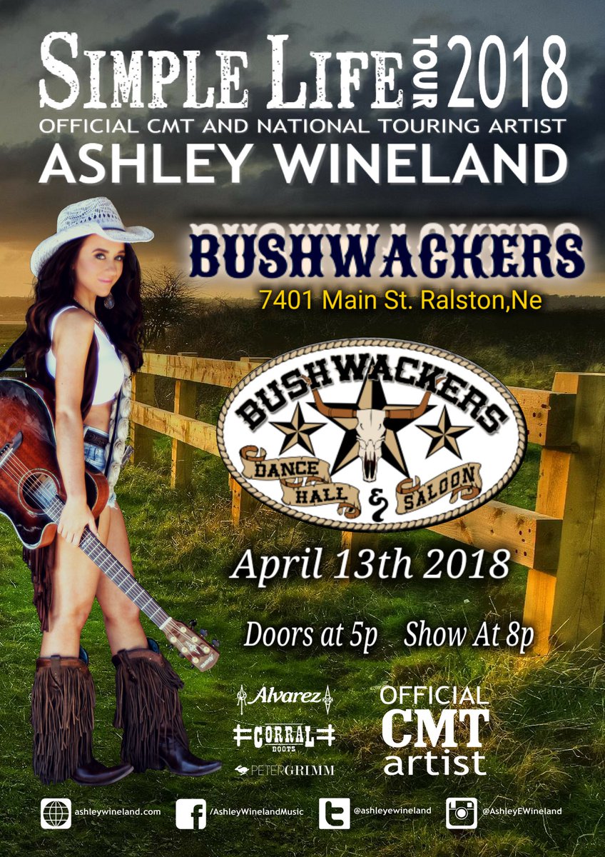 #BushwackersLivePresents

Live Music & Fireball Friday Artist of the week
    • Friday April 13th
    • 2018 'Simple Life' Tour
    • Official CMT Artist @AshleyWineland 
    • Doors at 5pm  Show at 8pm

#ClearlyTheBestInCountry  #CMT #SimpleLifeTour