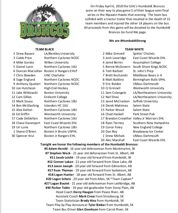 Rosters have been announced for <a href="/HumboldtBroncos/">Humboldt Broncos</a> game on Thursday night (6pm at Breakaway Ice Center in Tewksbury, MA). $10 donation accepted at the door from those who wish to come watch. #humboldtbroncos