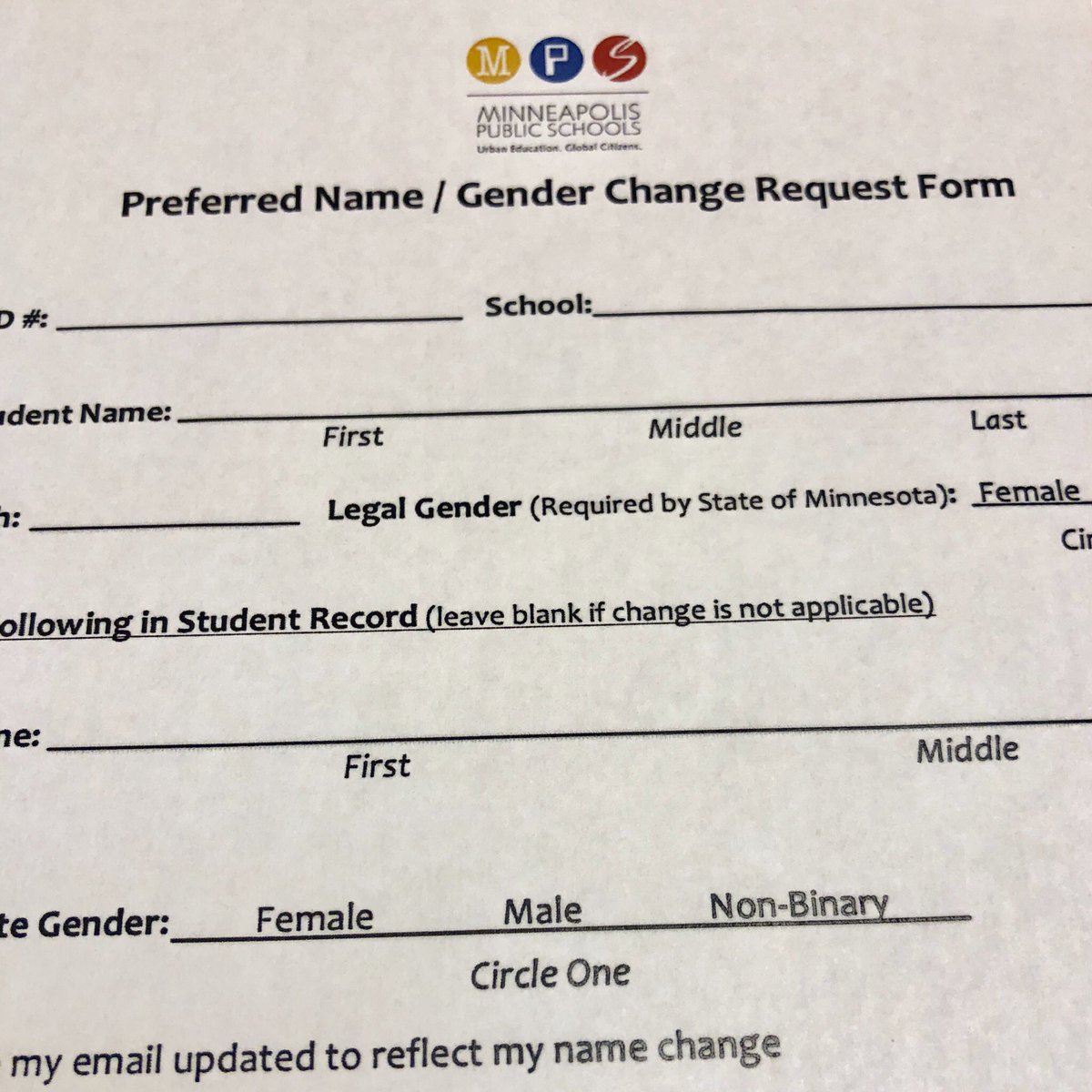 Out4GoodMPS's tweet photo. Very proud to announce that Minneapolis Public Schools now allows for Preferred Names and Gender to be reflected in our student database. (@MPS_News) https://t.co/jWXEbhv5c8
