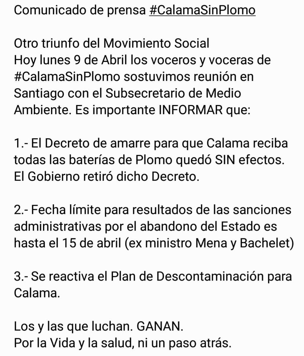 CalamaSinPlomo's tweet photo. El gobierno dejó sin efecto el decreto del plomo de Bachelet. Seguimos en la lucha por el derecho de nuestros niños a vivir sanos y sin plomo. #FueraRam y el lucro de Víctor Petermann y Carracedo https://t.co/iRiEJao4vV