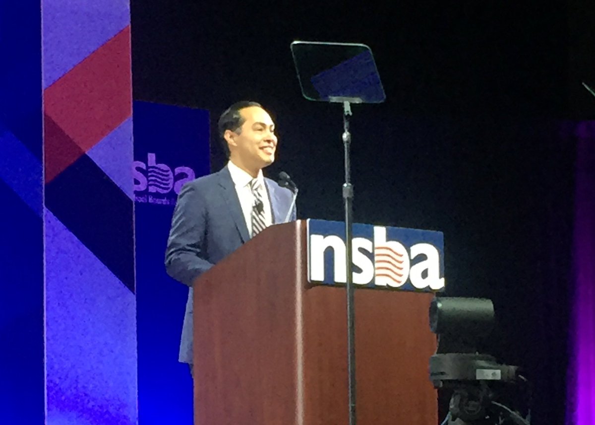 NSBAPublicEd's tweet photo. “You can help. Use your time and double your efforts for our children. Help engage them to make a difference in their community.” @JulianCastro #NSBAConf https://t.co/VstllyqB32