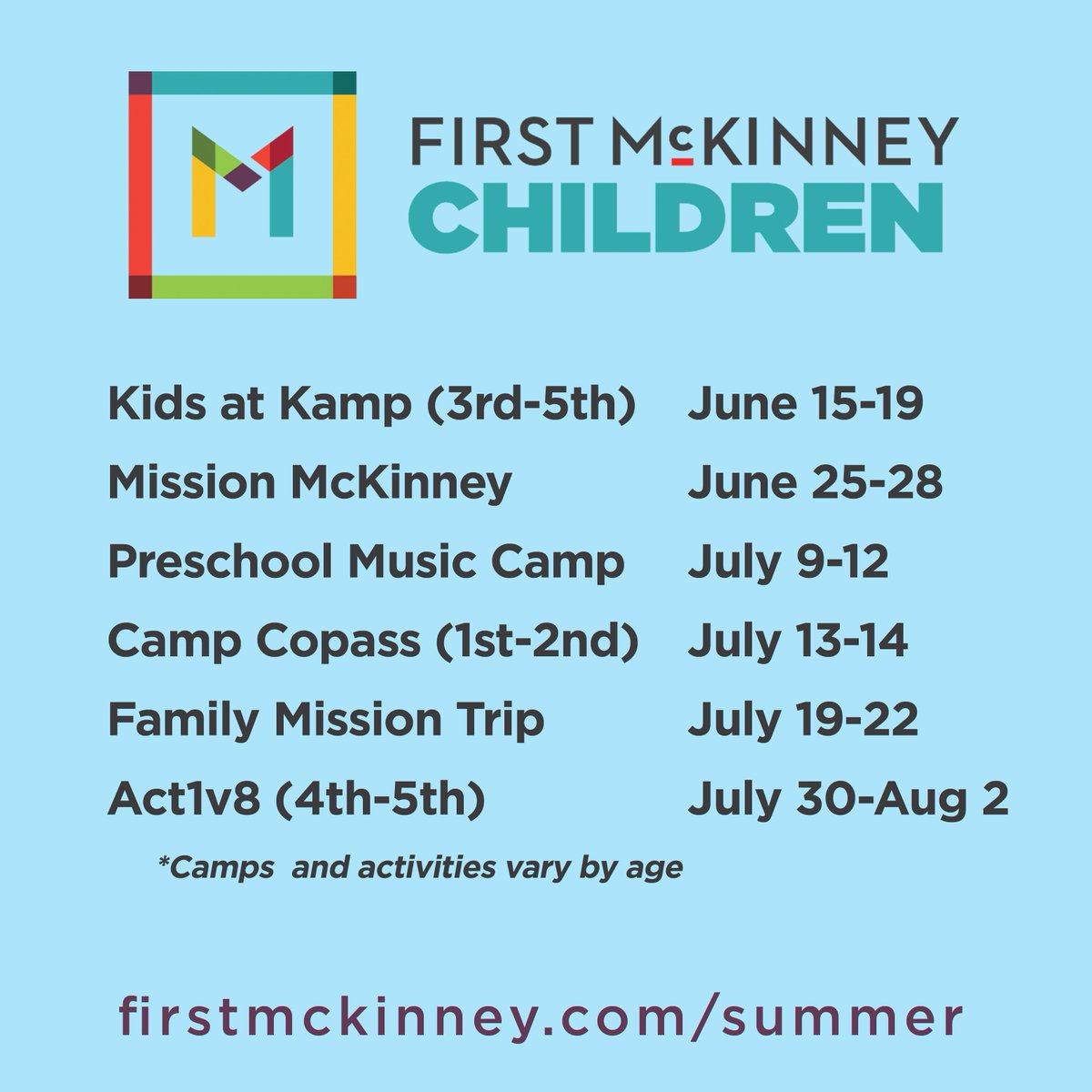 firstmckinney's tweet photo. Making summer plans? Check out all the ways you can get involved at First McKinney this summer. Save the date for these camps and activities for kids and teens. Plus mission trips that are changing the world. #Summeratfirst #Mckinney #Kids #Teens #Summer @sam_holm https://t.co/VChB6vG3RP