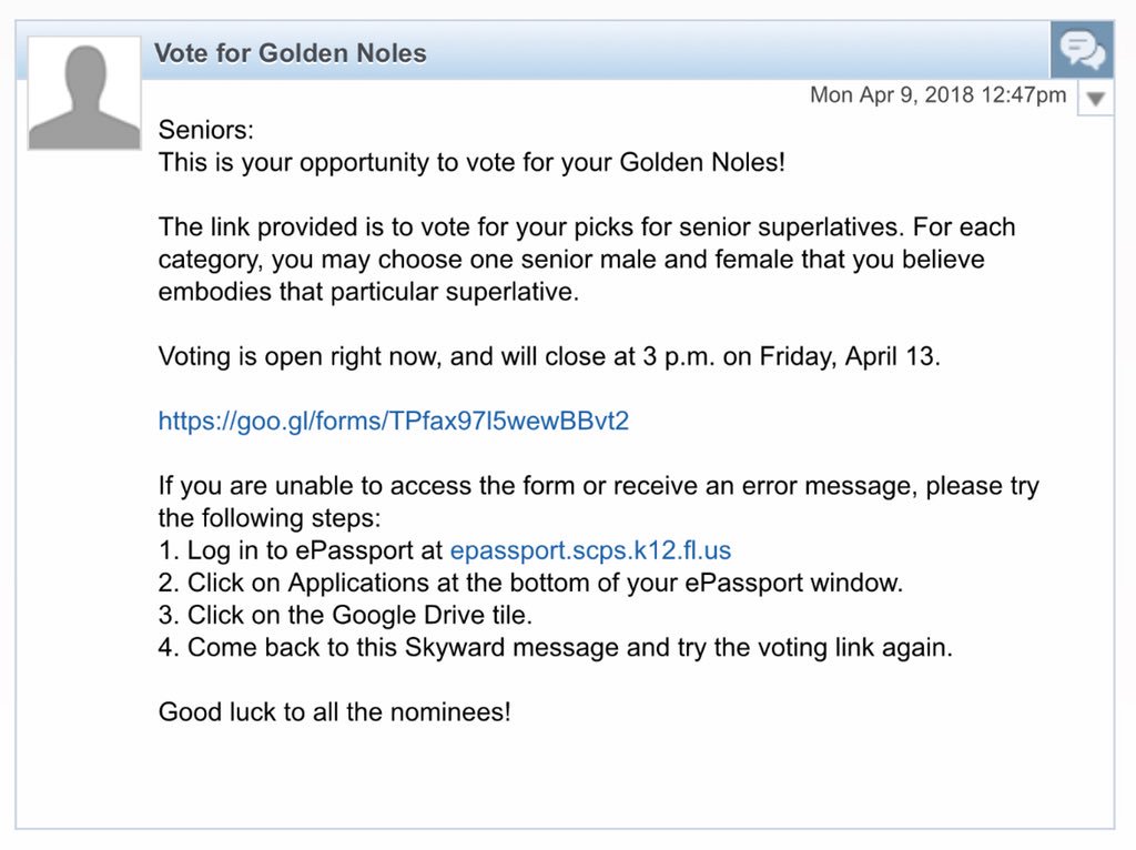 seminolehs2018's tweet photo. Voting for Golden Noles is now live and the link is available on eCampus! Vote TODAY before the survey closes on Friday, April 13 at 3 p.m. 📮🏆  Good luck, seniors! https://t.co/SvW30x9Wgs