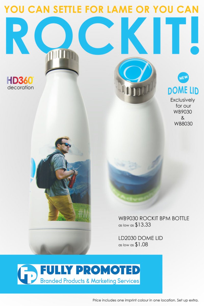 FullyPromotedBa's tweet photo. You can #settle for #lame - or you can #ROCKIT! This #popular bottle shape + 360° #HD #print + #domed lid = #AWESOME!!! Double walled, copper lined and stainless steel.
#EmbroidMeBarrie #FullyPromoted #Barrie #TrendingNow #hydration #custom https://t.co/gsN6ni8sS5