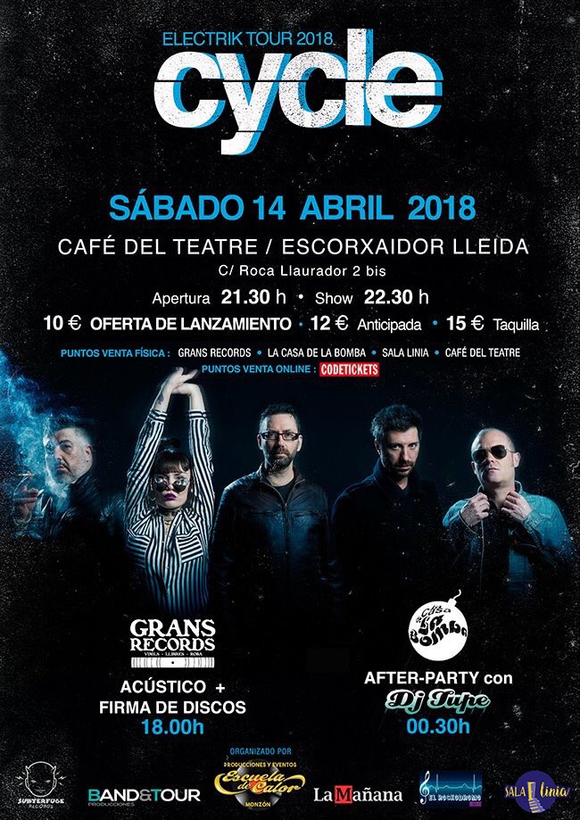 CYCLEROCK's tweet photo. **** ESTE SÁBADO 14 ****
@cafedelteatre en Lleida.
Las entradas, a buen ritmo.
Nosotros, también!
#cyclerock #electriktour #lleida #cafedelteatre
👉🏼 ENTRADAS: https://t.co/vXHwuuEq9C https://t.co/pSmz16bDhd