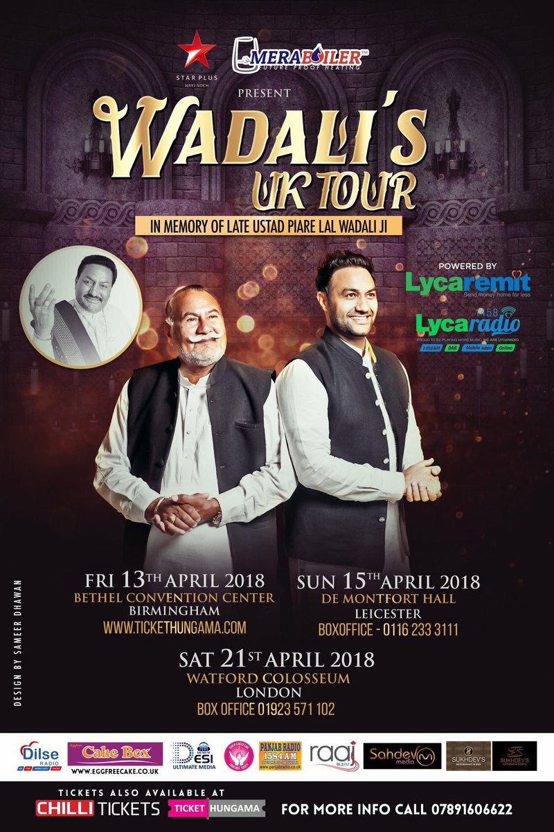 Lyca Radio (@lycaradio1458) on Twitter photo Countdown begins 4321 ๐ถ
Ustad Puran Chand Wadali and <a href="/wadaliofficial/">Lakhwinder Wadali</a> will be in the UK for their first UK tour together... In memory of Late Ustad Pyare Lal Wadali
Get your tickets NOW from <a href="/ChilliTickets/">Chilli Tickets</a> ๐ถ
<a href="/LycaRadio1458/">Lyca Radio</a> <a href="/StarPlus/">StarPlus</a> @DilSeRadio <a href="/Sumantb/">Sumant Bahl</a> <a href="/lycaremit/">Lycaremit</a> <a href="/meraboiler/">Meraboiler</a> Countdown begins 4321 ๐ถ
Ustad Puran Chand Wadali and <a href="/wadaliofficial/">Lakhwinder Wadali</a> will be in the UK for their first UK tour together... In memory of Late Ustad Pyare Lal Wadali
Get your tickets NOW from <a href="/ChilliTickets/">Chilli Tickets</a> ๐ถ
<a href="/LycaRadio1458/">Lyca Radio</a> <a href="/StarPlus/">StarPlus</a> @DilSeRadio <a href="/Sumantb/">Sumant Bahl</a> <a href="/lycaremit/">Lycaremit</a> <a href="/meraboiler/">Meraboiler</a>