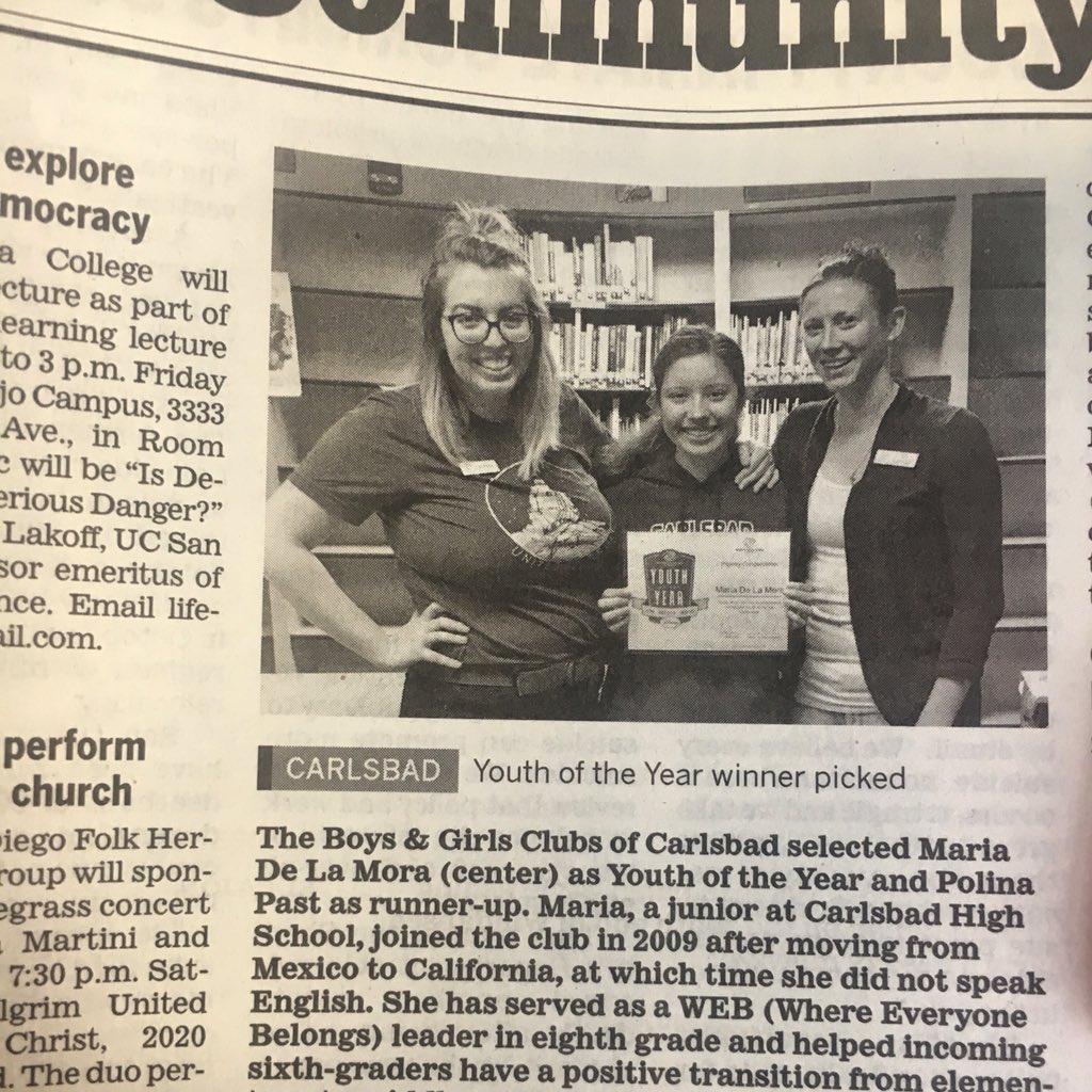Shoutout to @sdut for featuring our local Youth of the Year winner, Maria De La Mora, in last week’s paper #youthoftheyear #boysandgirlsclubs #sandiegouniontribune #carlsbadhs