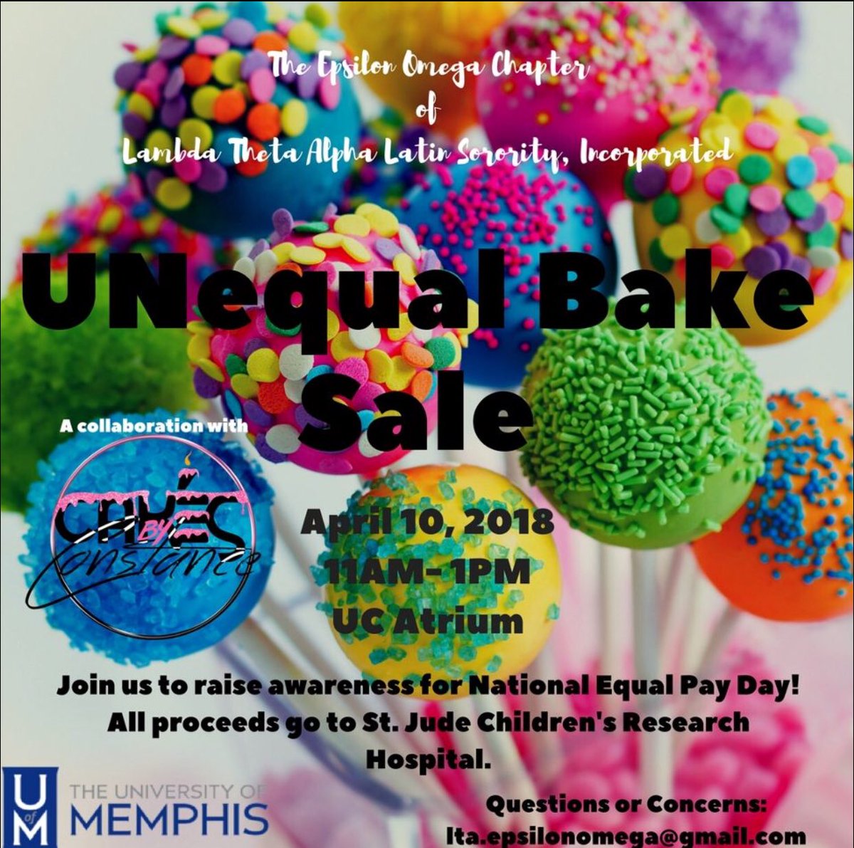 April 10th is National Equal Pay Day. Look for ΛΘΑ in partnership with #CakesByConstance in the UC Atrium 11 AM- 1 PM. Equal Pay Day is the symbolic day dedicated to raising awareness of the gender pat gap. All proceeds from our bake sale will be donated to St. Jude!