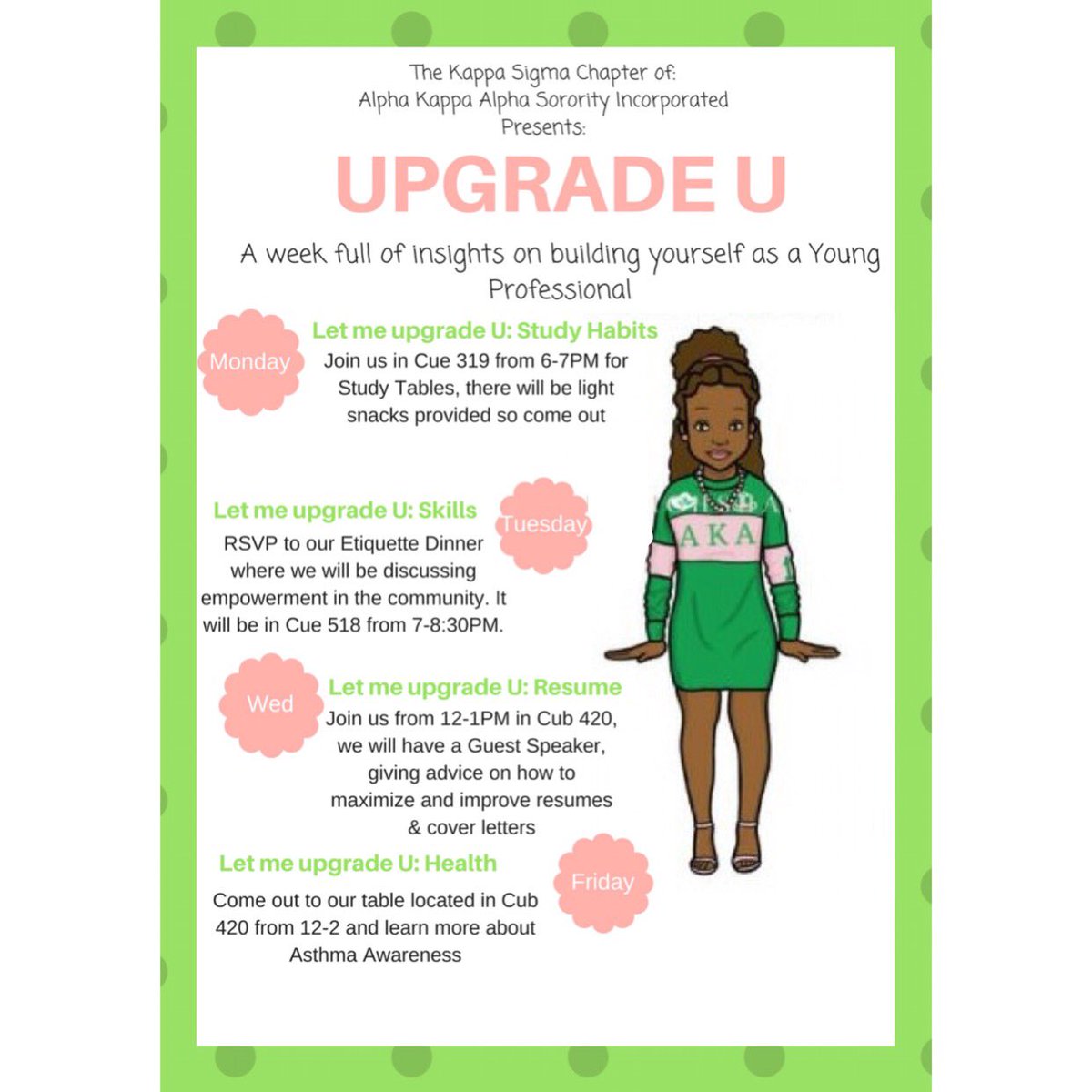 AKA_KappaSigma's tweet photo. Do you need to upgrade your study habits, etiquette, resume, and/or health? Come out to our events listed below and we can help you build yourself as a young professional! 💗 https://t.co/OpwSXS3SS2