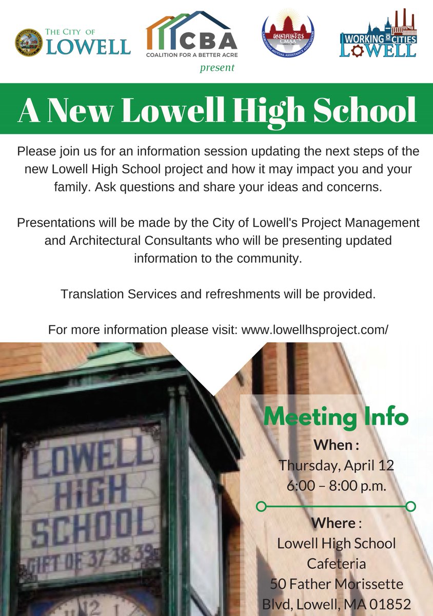 Just a reminder there is a Lowell High School Project community meeting on Thursday April 12, 2018 at 6:00 PM in the LHS cafeteria. #Lowell #LowellHSProject