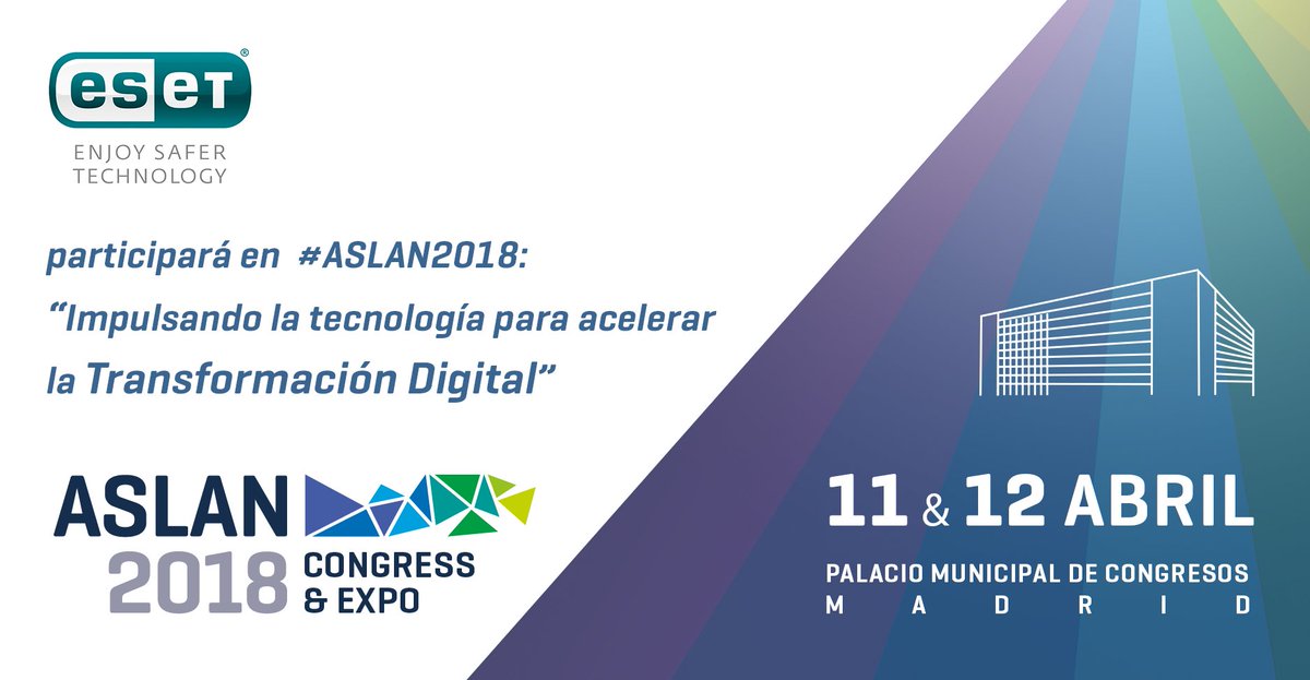 ESET_ES's tweet photo. Los próximos 11 y 12 de abril te esperamos en #ASLAN18. Escucha nuestras charlas sobre control de la información y el reto Ciberseguridad o pasa por nuestro estand (el 64) https://t.co/OXsHjSYB5t https://t.co/YrMy2kBwCn