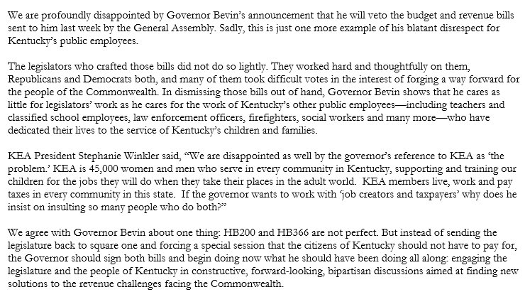 mandy_mclaren's tweet photo. INBOX: @KYEducators releases statement on @GovMattBevin's veto announcement. #kyga18 https://t.co/QfHVZZc8Je