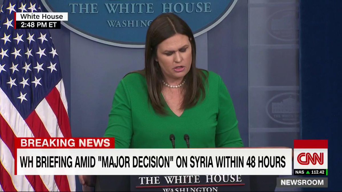 CNN's tweet photo. White House press secretary Sarah Sanders talks to reporters after President Trump said he would make a decision soon on responding to the suspected chemical attack in Syria. Watch CNN: https://t.co/UYpqI3w42L

Watch on Facebook: https://t.co/uXhUGZVISS https://t.co/ic89li2fkj