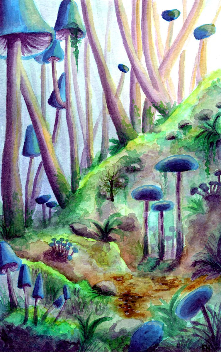 Mushroom Forest Fantasy Landscape Upstairs Small Original Art Fungus Plants Yellow Sky Spores Pollen Mountains Acrylics Painting