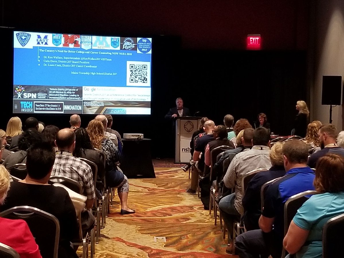 KenWallace207's tweet photo. Had a great group of board members from around the US today at #NSBAconf to hear about @Maine_207 College and Career Model to better serve students. Co-presenters @Carlarowen &amp; @207connect were awesome. Great questions from audience to. #207Now #NSBA2018 https://t.co/FoW25OBBkN