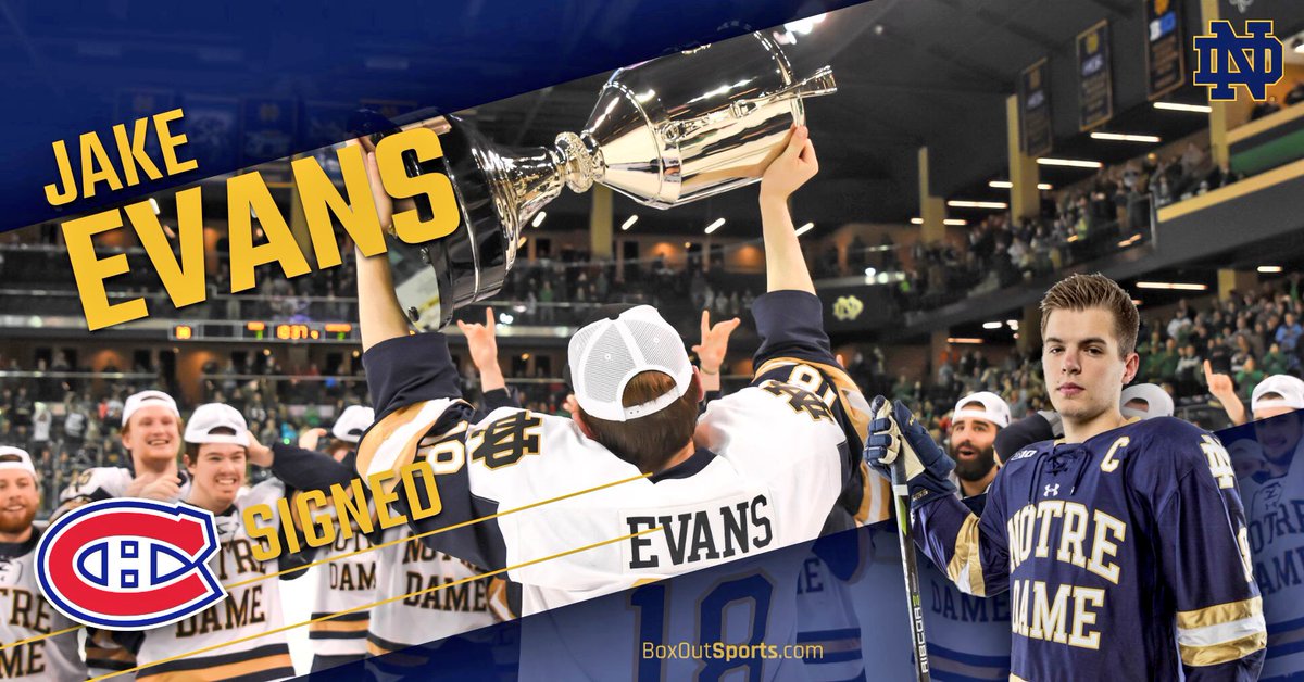 Notre Dame Hockey (@ndhockey) on Twitter photo Congrats to captain Jake Evans, who has signed a 2-year entry level contract w/ the <a href="/CanadiensMTL/">Canadiens Montréal</a>!
☘️ With The Irish ☘️
158 GP
41 Goals
97 Assists
138 Points
3 NCAA Tournaments
2 Frozen Fours
1 NCAA Title Game
1 Big Ten Regular Season 🏆
1 Big Ten Tournament 🏆 Congrats to captain Jake Evans, who has signed a 2-year entry level contract w/ the <a href="/CanadiensMTL/">Canadiens Montréal</a>!
☘️ With The Irish ☘️
158 GP
41 Goals
97 Assists
138 Points
3 NCAA Tournaments
2 Frozen Fours
1 NCAA Title Game
1 Big Ten Regular Season 🏆
1 Big Ten Tournament 🏆