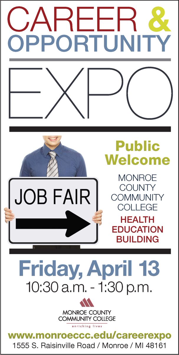 MonroeNewsJobs's tweet photo. Career Fair at Monroe County Community College happening Friday April 13#mccccareerexpo#monroecountycareerfair https://t.co/AZdtux5bsp