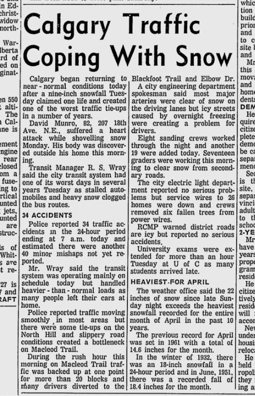 Cold comfort, but this isn't the worst April weather #yyc has suffered. Not even close. Try late April 1966, when more than 55 cm of snow fell in 72 hours, and the thermometer dipped to -15C. #Schadenfreude #springofourdiscontent