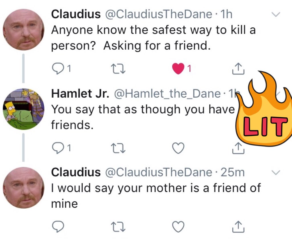 DanikaTipping's tweet photo. Ooh... @Hamlet_the_Dane is gonna need some aloe for that sick burn... @ClaudiusTheDane https://t.co/K5RMTjiWbt
