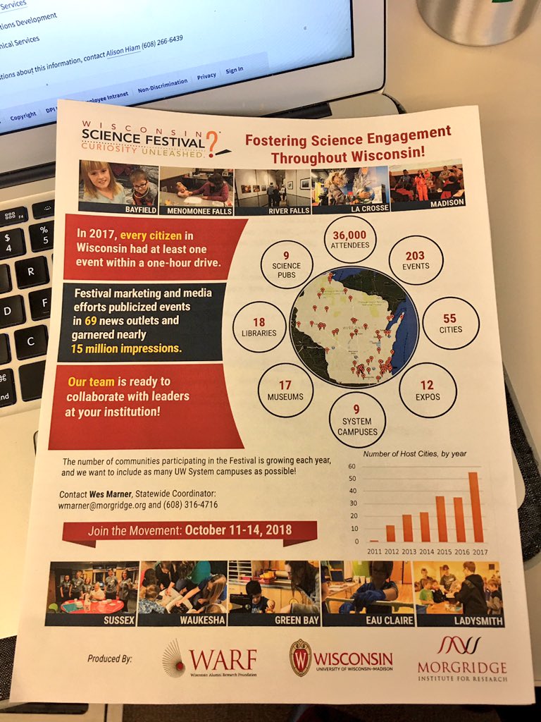 UWCommunityRel's tweet photo. Did you know? The 2017 @WiSciFest had at least one event within a one-hour drive of every resident in the state. This year, we're planning for even more cities and more engaged citizens! #WiIdea https://t.co/Ve4tvv9si4