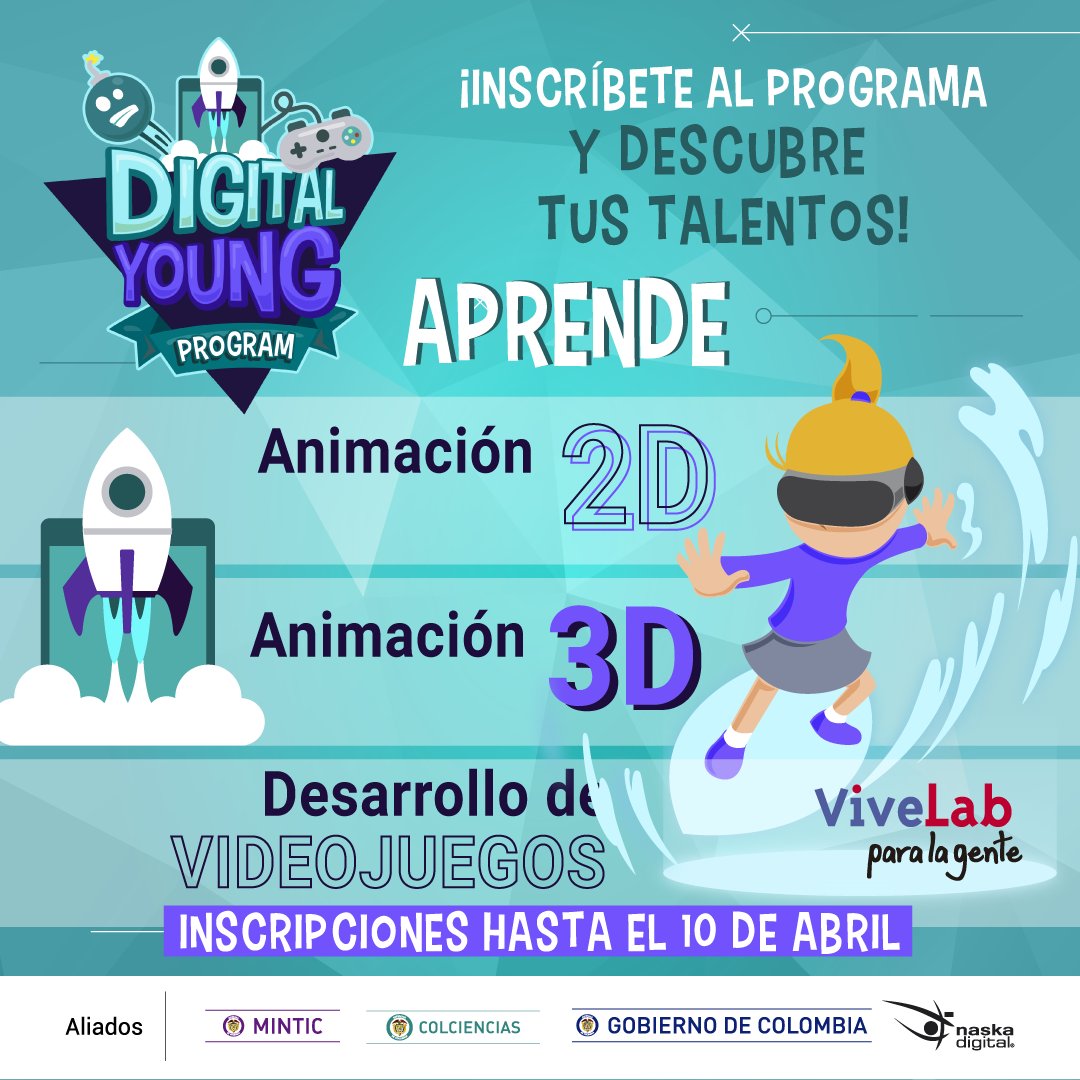 IndustriaDigCol's tweet photo. #DigitalYoungProgram, primer proyecto en Colombia y LATAM que busca descubrir el talento en jóvenes #CreativosDigitales para desarrollar contenidos digitales como animación 2D, 3D y desarrollo de videojuegos con certificación internacional ¡Participa! 👉 https://t.co/mGLdTtUMuX https://t.co/PhomJZe0Uw
