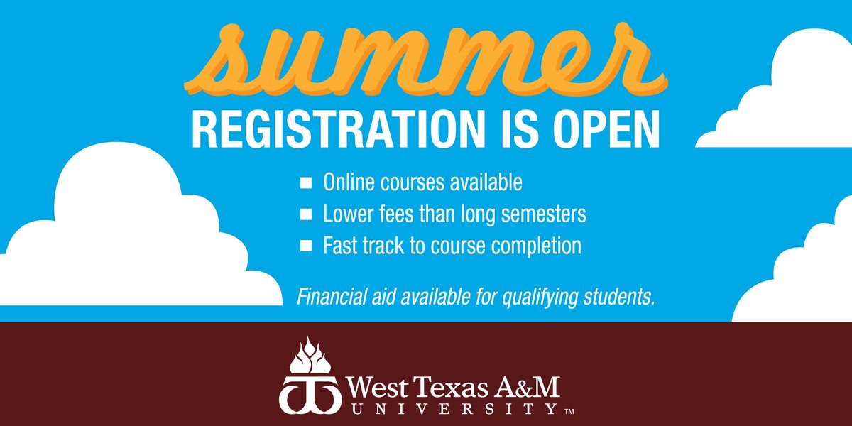 wtstudents's tweet photo. Pick up a summer class or two; learn online or in the classroom. Fall and summer registration open together, so if you're able to register for fall, you can also register for May intersession and summer courses. @wtamu @WTAMUHUB  @WTAMU_Admission @wtamulibrary @WTmikeknox https://t.co/XIXZT5zgaA