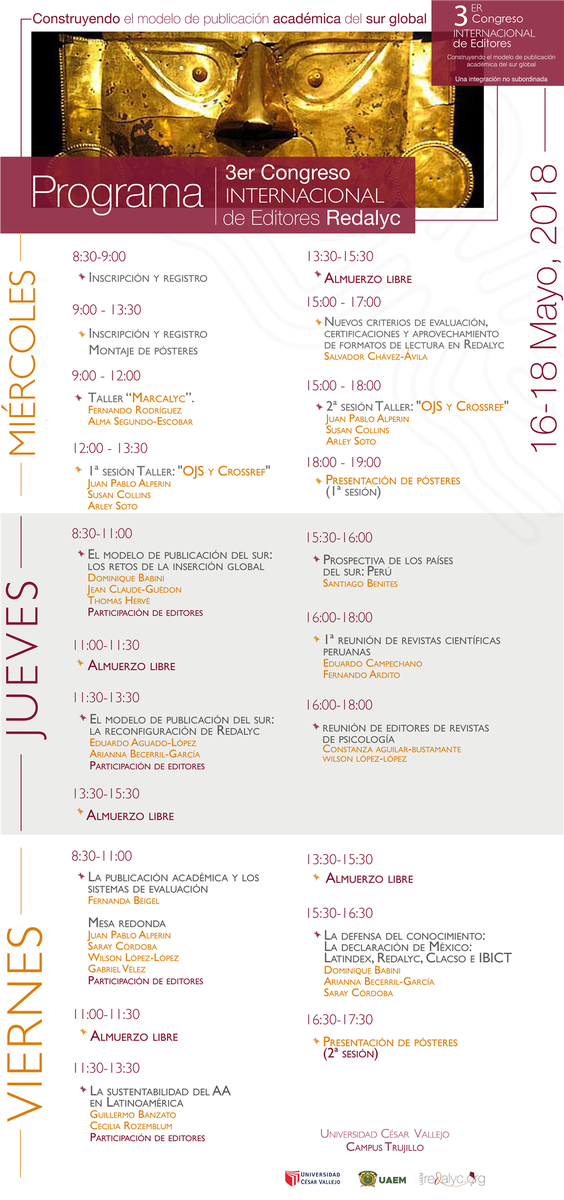 Redalyc's tweet photo. 📌¡Conferencias, talleres y reuniones especiales!

Acompáñanos al 3er Congreso Internacional de Editores Redalyc. 16-18 de mayo en Trujillo, Perú.

Ya puedes consultar el programa en el siguiente link: 👉https://t.co/Bog7hulxbm

Invitan @UCV_Peru y @UAEM_MX a través de Redalyc. https://t.co/Xc4R35Kkld