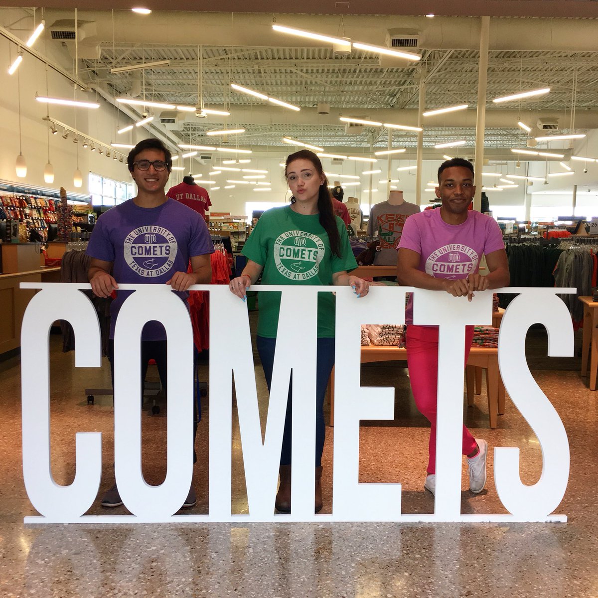utd_bookstore's tweet photo. 🗣🗣 GIVEAWAY TIME!! We just got these sweet NEW promo shirts (ONLY $9.95) 
💜💚💓
Favorite and Retweet this post to be entered to win a FREE promo shirt! #UTD #COMETS #WHOOSH https://t.co/HgNKIjkSpd