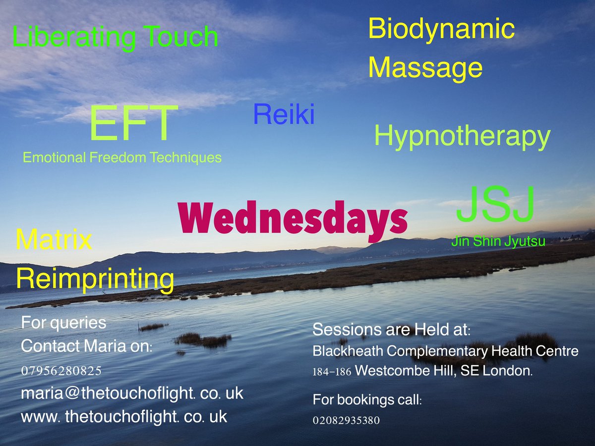 TheTouchofLight's tweet photo. Every Wednesday at @BCHChealth you can experience #eft #jinshinjyutsu #Liberatingtouch #matrixreimprinting #biodynamicmassage #hypnotherapy #reiki call now 02082935380 to make your appointment. For further information visit https://t.co/wy4g7bXSlO https://t.co/hlwAGt14Su
