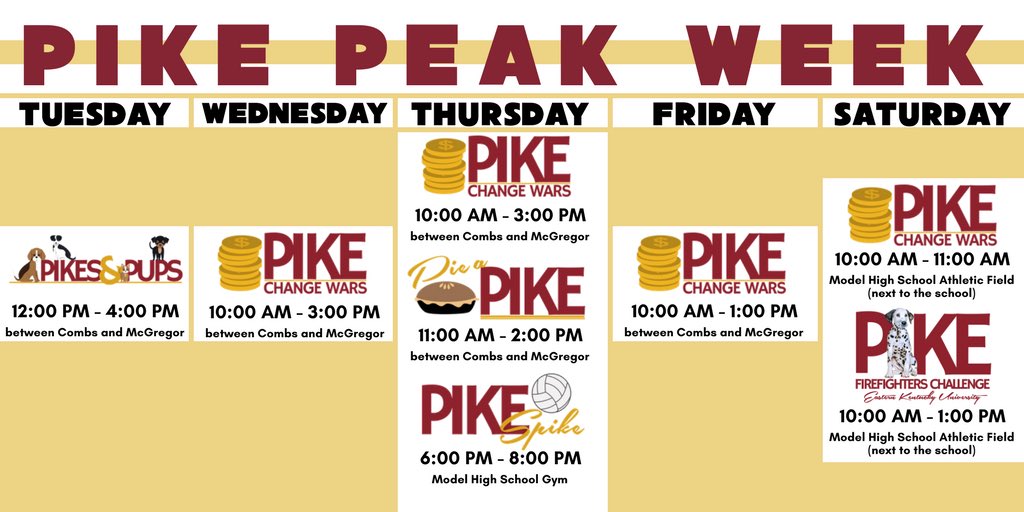 EKUPIKES's tweet photo. We are proud to announce the commencement of Pike Peak Week! Listed below are the various events that we will be hosting leading up to our philanthropy event on Saturday. Be sure to take pictures with our brothers throughout the week and post them using the hashtag #PikeFC18 https://t.co/dhEBap3dXh
