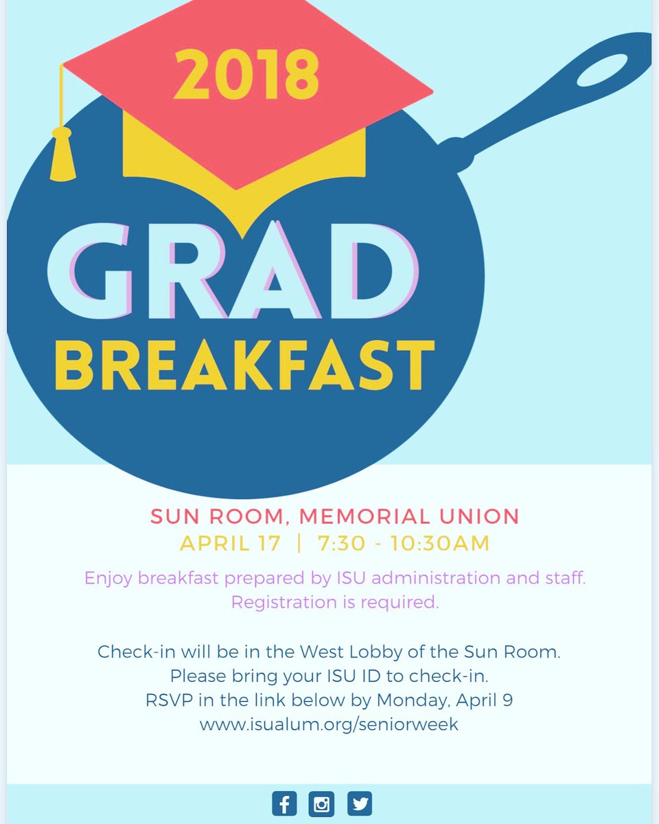 ISUSeniors2019's tweet image. REMINDER: RSVP by the end of TODAY in order to reserve a spot for Grad Breakfast next Tuesday! 

RSVP HERE: isualum.org/seniorweek